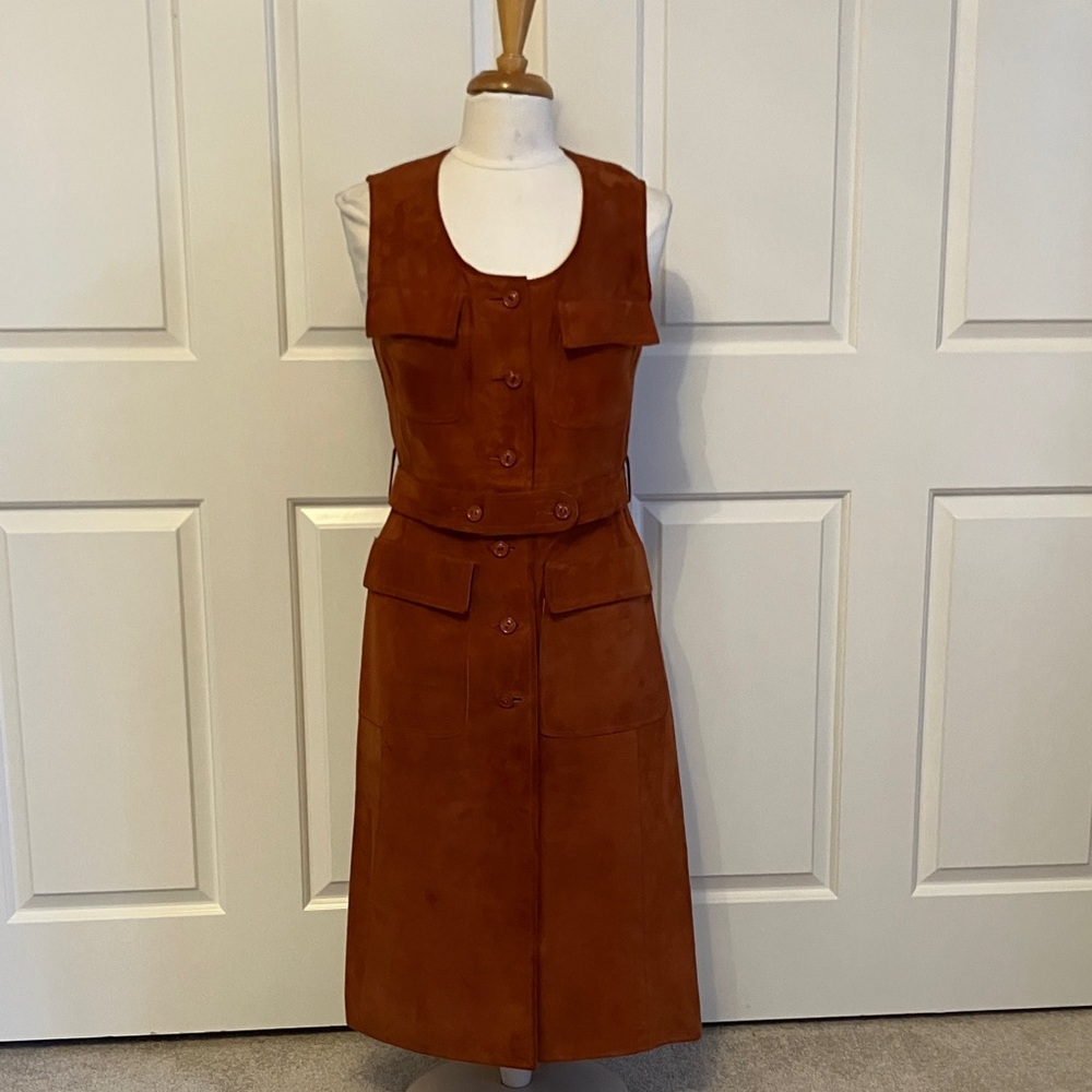VINTAGE ‘70’s 100% Suede Reddish Brown Button-Down Midi Dress